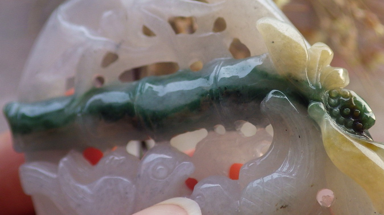 Certified Yellow Green Burma 100% Natural A Jade jadeite Pendant Mandarin Duck Phoenix Lotus Flower Bamboo 鸳鸯 647620 TN