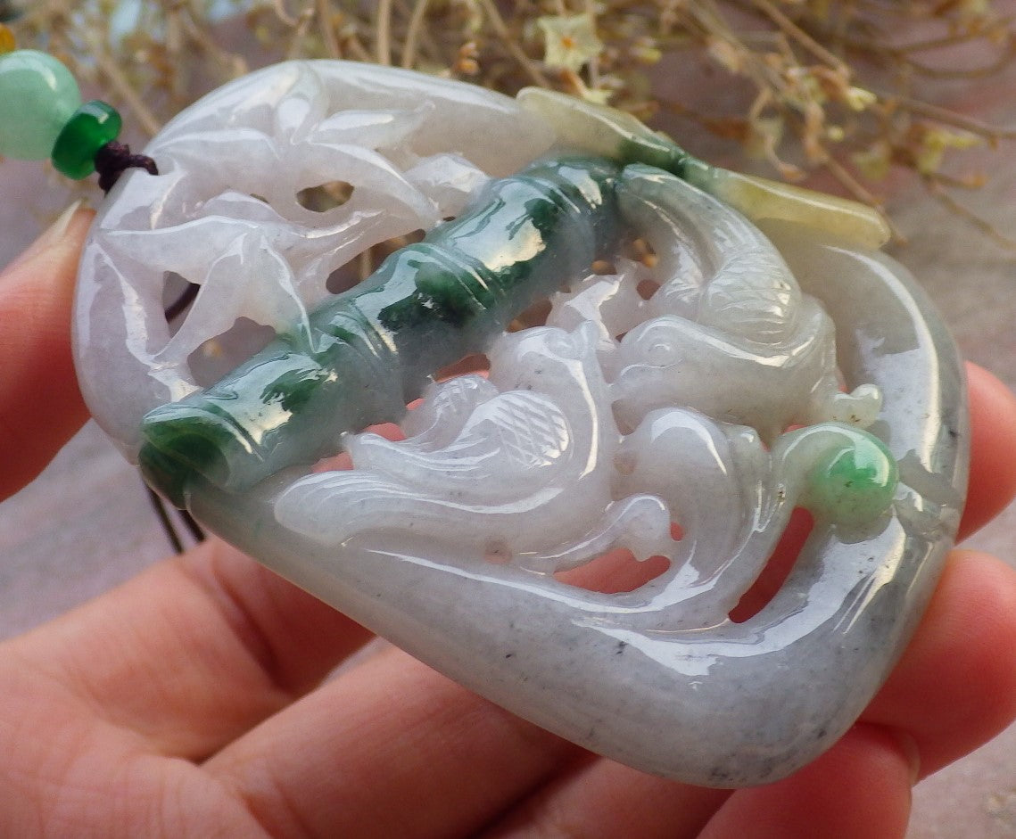 Certified Yellow Green Burma 100% Natural A Jade jadeite Pendant Mandarin Duck Phoenix Lotus Flower Bamboo 鸳鸯 647620 TN