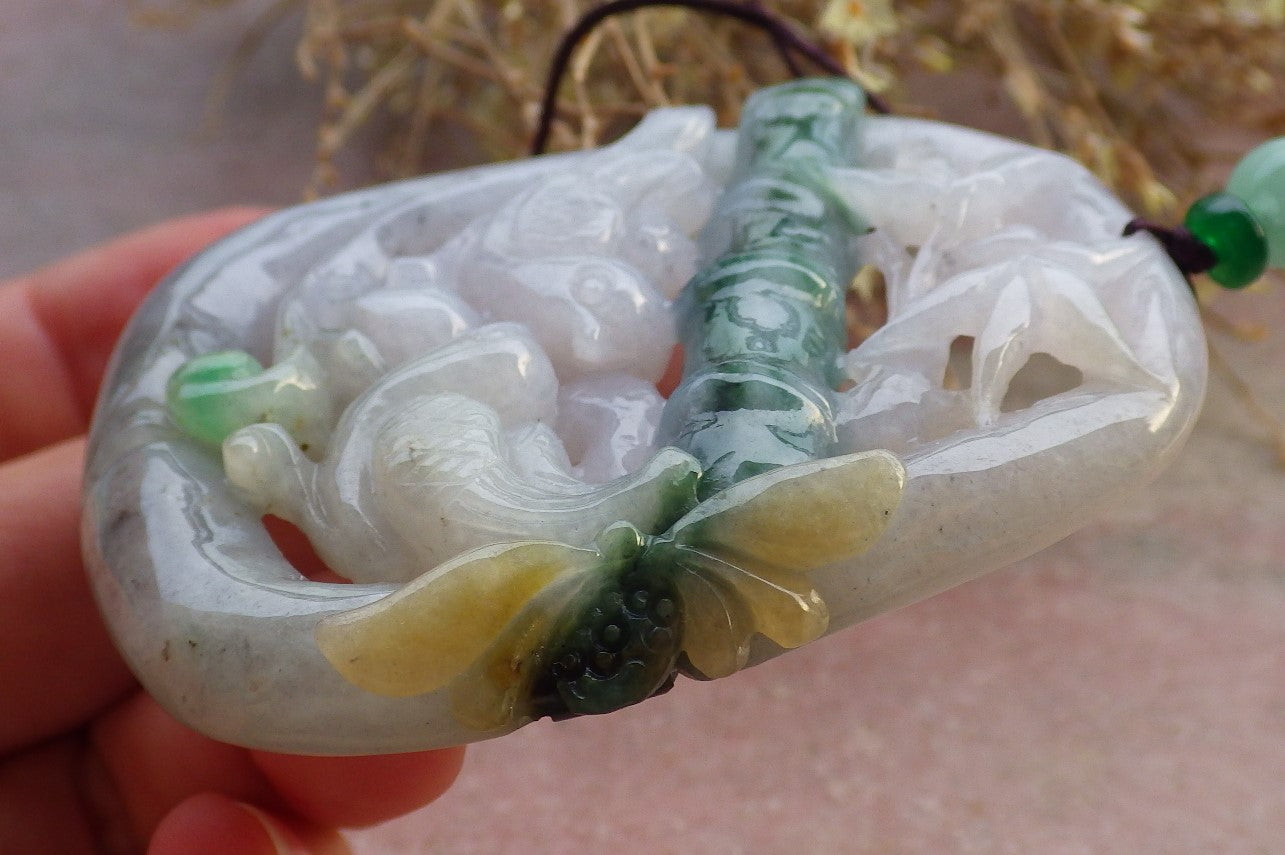 Certified Yellow Green Burma 100% Natural A Jade jadeite Pendant Mandarin Duck Phoenix Lotus Flower Bamboo 鸳鸯 647620 TN