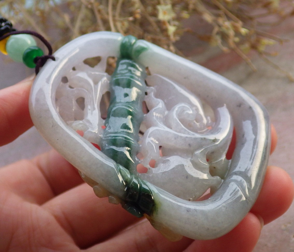Certified Yellow Green Burma 100% Natural A Jade jadeite Pendant Mandarin Duck Phoenix Lotus Flower Bamboo 鸳鸯 647620 TN