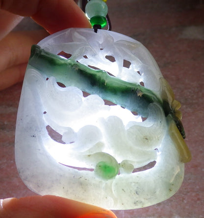 Certified Yellow Green Burma 100% Natural A Jade jadeite Pendant Mandarin Duck Phoenix Lotus Flower Bamboo 鸳鸯 647620 TN