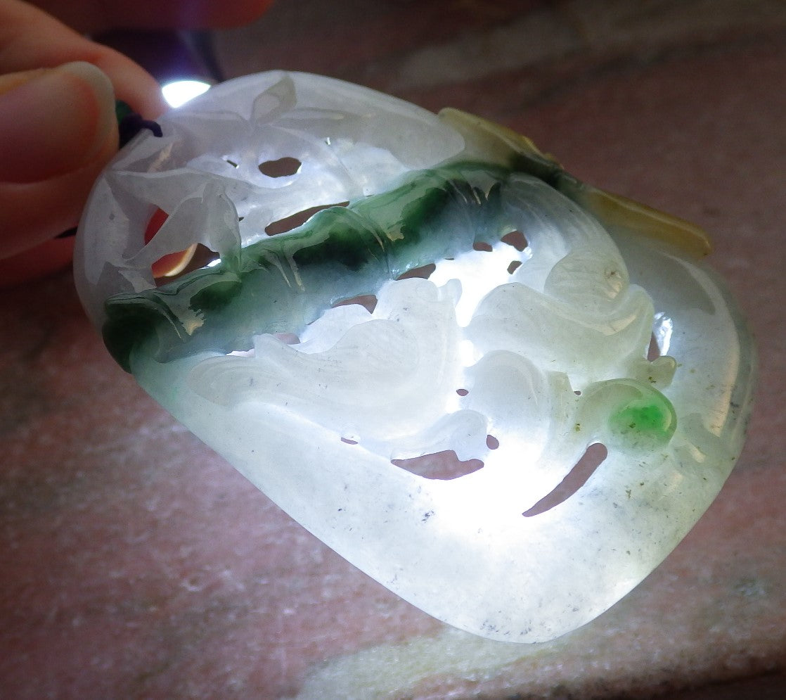 Certified Yellow Green Burma 100% Natural A Jade jadeite Pendant Mandarin Duck Phoenix Lotus Flower Bamboo 鸳鸯 647620 TN
