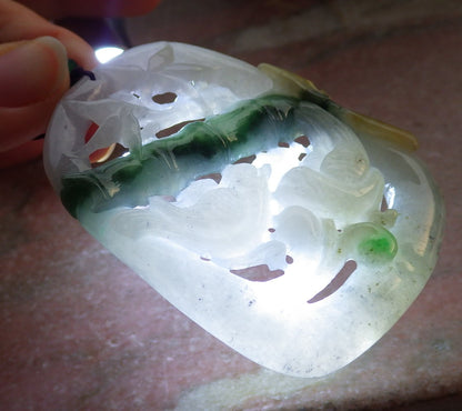 Certified Yellow Green Burma 100% Natural A Jade jadeite Pendant Mandarin Duck Phoenix Lotus Flower Bamboo 鸳鸯 647620 TN