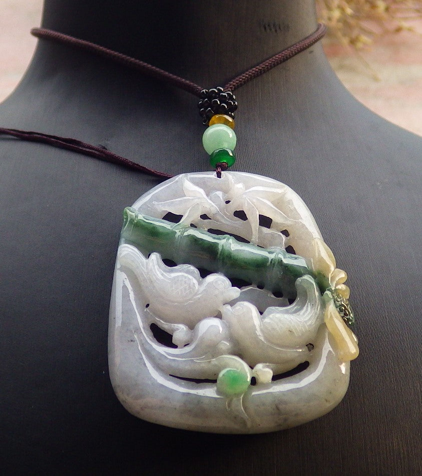 Certified Yellow Green Burma 100% Natural A Jade jadeite Pendant Mandarin Duck Phoenix Lotus Flower Bamboo 鸳鸯 647620 TN
