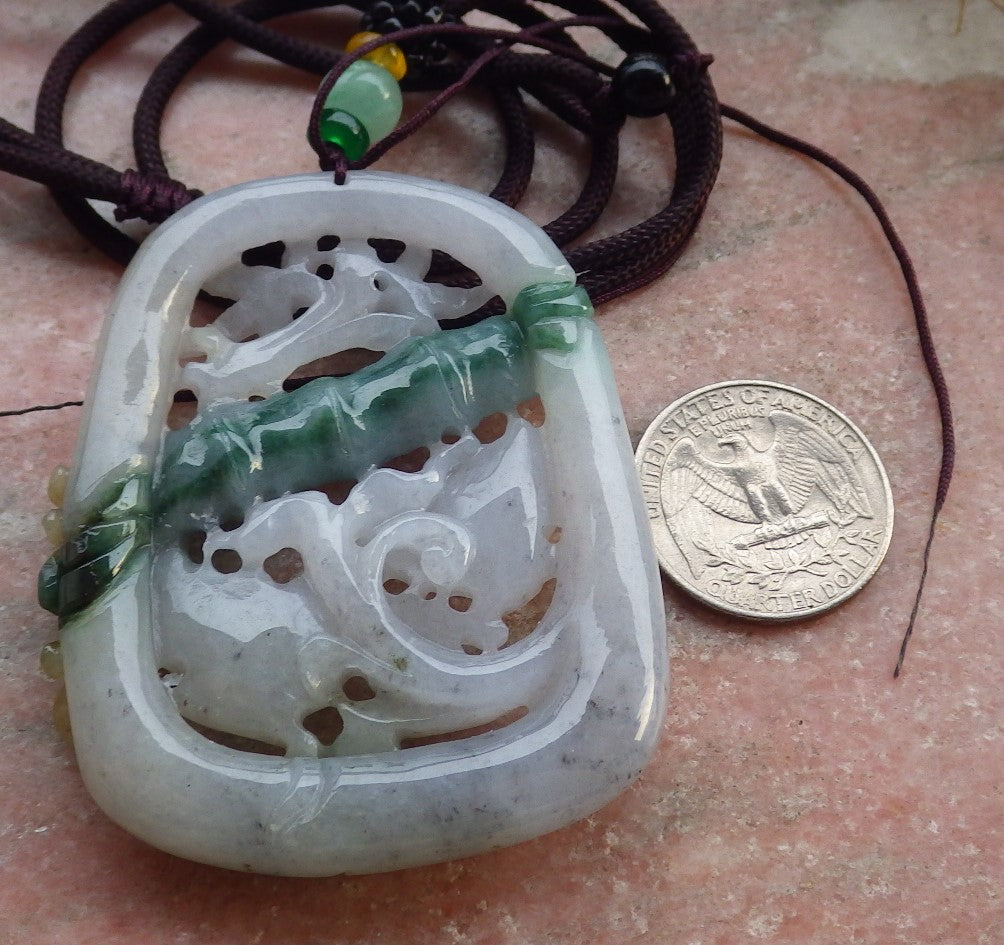 Certified Yellow Green Burma 100% Natural A Jade jadeite Pendant Mandarin Duck Phoenix Lotus Flower Bamboo 鸳鸯 647620 TN