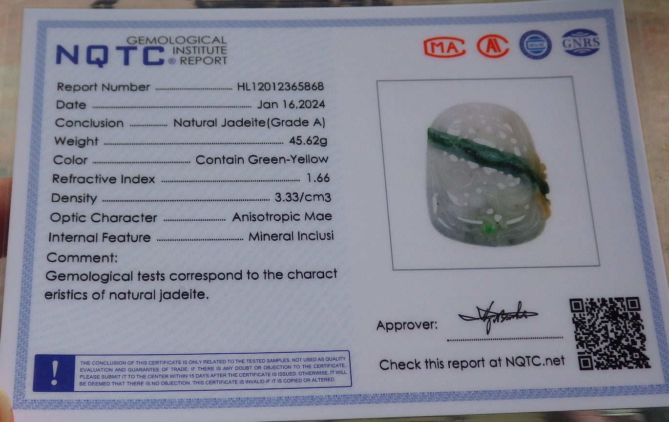 Certified Yellow Green Burma 100% Natural A Jade jadeite Pendant Mandarin Duck Phoenix Lotus Flower Bamboo 鸳鸯 647620 TN
