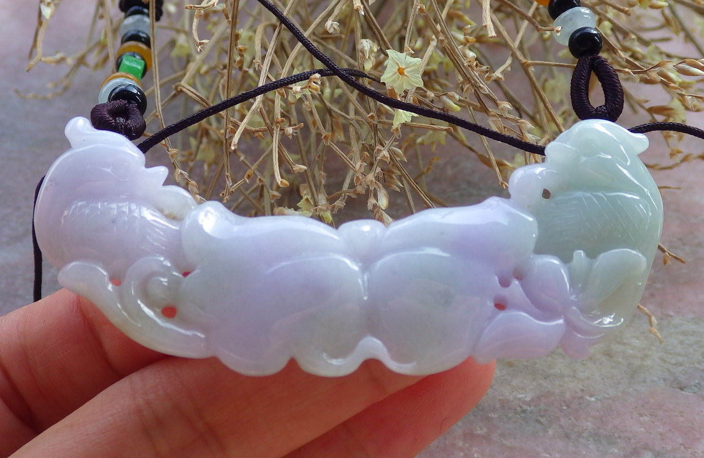 Certified Lavender Green 100% Natural A Jade jadeite Pendant Mandarin Duck Phoenix Lotus Flower Leaf Necklace 鸳鸯 647657 TN