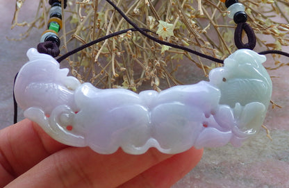 Certified Lavender Green 100% Natural A Jade jadeite Pendant Mandarin Duck Phoenix Lotus Flower Leaf Necklace 鸳鸯 647657 TN