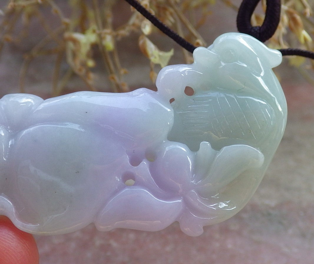 Certified Lavender Green 100% Natural A Jade jadeite Pendant Mandarin Duck Phoenix Lotus Flower Leaf Necklace 鸳鸯 647657 TN