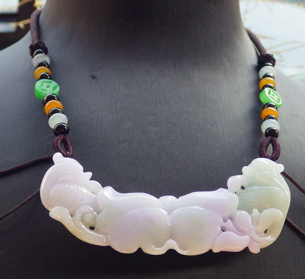 Certified Lavender Green 100% Natural A Jade jadeite Pendant Mandarin Duck Phoenix Lotus Flower Leaf Necklace 鸳鸯 647657 TN