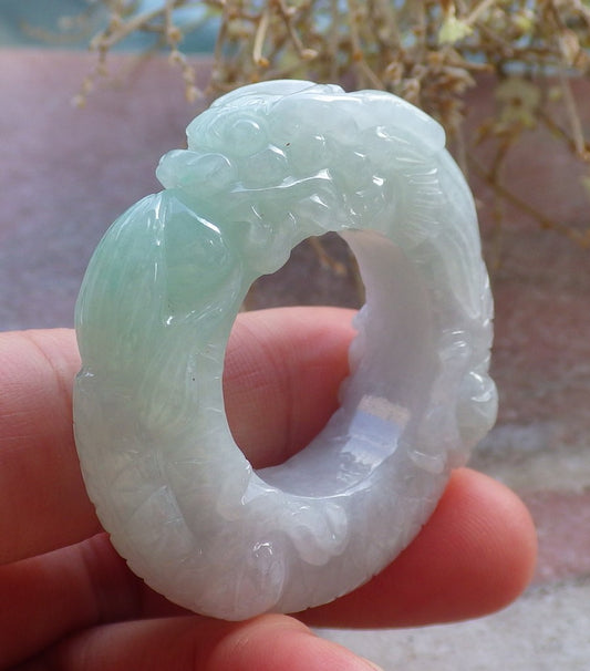 Certified Green Pale Lavender Burma 100% Natural A JADE Jadeite Dragon Bead RING USA. 12.75 龙戒指 647673 TN
