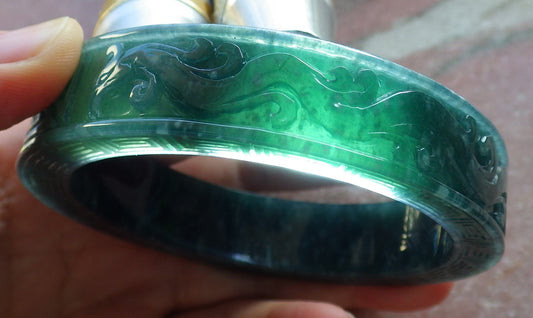 Certified Icy Green Burma 100% Natural A JADE Jadeite Dragon Phoenix Longevity Bangle Bracelet 63 mm 手镯 647894 TN