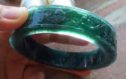 Certified Icy Green Burma 100% Natural A JADE Jadeite Dragon Phoenix Longevity Bangle Bracelet 63 mm 手镯 647894 TN