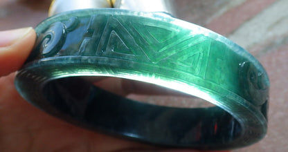 Certified Icy Green Burma 100% Natural A JADE Jadeite Dragon Phoenix Longevity Bangle Bracelet 63 mm 手镯 647894 TN