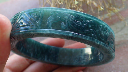 Certified Icy Green Burma 100% Natural A JADE Jadeite Dragon Phoenix Longevity Bangle Bracelet 63 mm 手镯 647894 TN