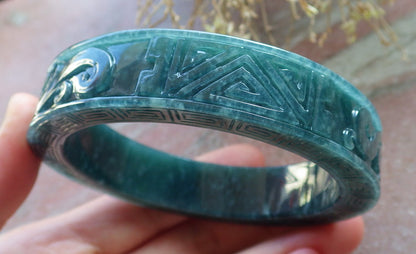 Certified Icy Green Burma 100% Natural A JADE Jadeite Dragon Phoenix Longevity Bangle Bracelet 63 mm 手镯 647894 TN