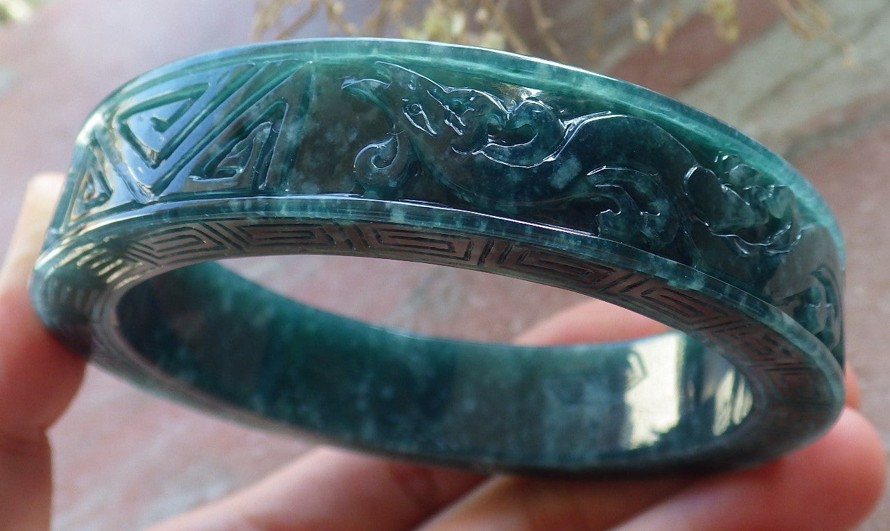 Certified Icy Green Burma 100% Natural A JADE Jadeite Dragon Phoenix Longevity Bangle Bracelet 63 mm 手镯 647894 TN
