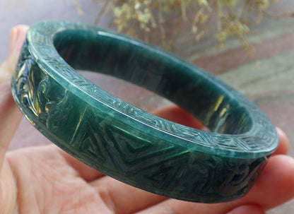 Certified Icy Green Burma 100% Natural A JADE Jadeite Dragon Phoenix Longevity Bangle Bracelet 63 mm 手镯 647894 TN