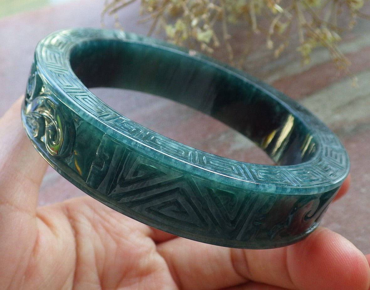 Certified Icy Green Burma 100% Natural A JADE Jadeite Dragon Phoenix Longevity Bangle Bracelet 63 mm 手镯 647894 TN