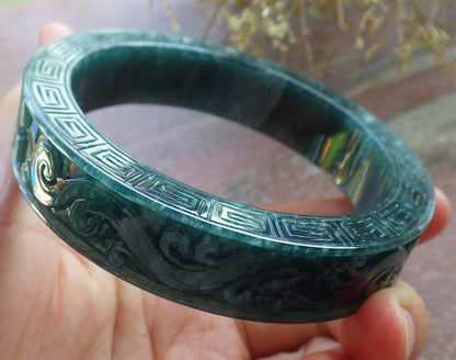 Certified Icy Green Burma 100% Natural A JADE Jadeite Dragon Phoenix Longevity Bangle Bracelet 63 mm 手镯 647894 TN