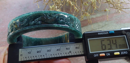 Certified Icy Green Burma 100% Natural A JADE Jadeite Dragon Phoenix Longevity Bangle Bracelet 63 mm 手镯 647894 TN