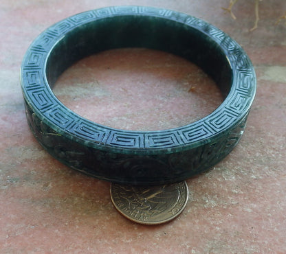 Certified Icy Green Burma 100% Natural A JADE Jadeite Dragon Phoenix Longevity Bangle Bracelet 63 mm 手镯 647894 TN