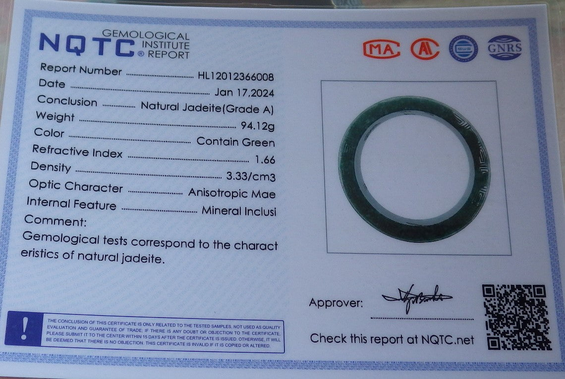 Certified Icy Green Burma 100% Natural A JADE Jadeite Dragon Phoenix Longevity Bangle Bracelet 63 mm 手镯 647894 TN