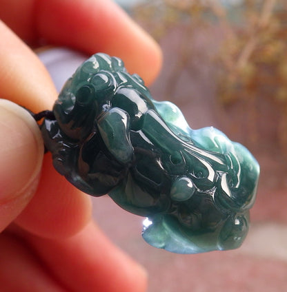 Certified Icy Green Burma 100% Natural A Jade jadeitePendant Dragon Pi Xiu Coin Ruyi Necklace 风水貔貅 648014 TN