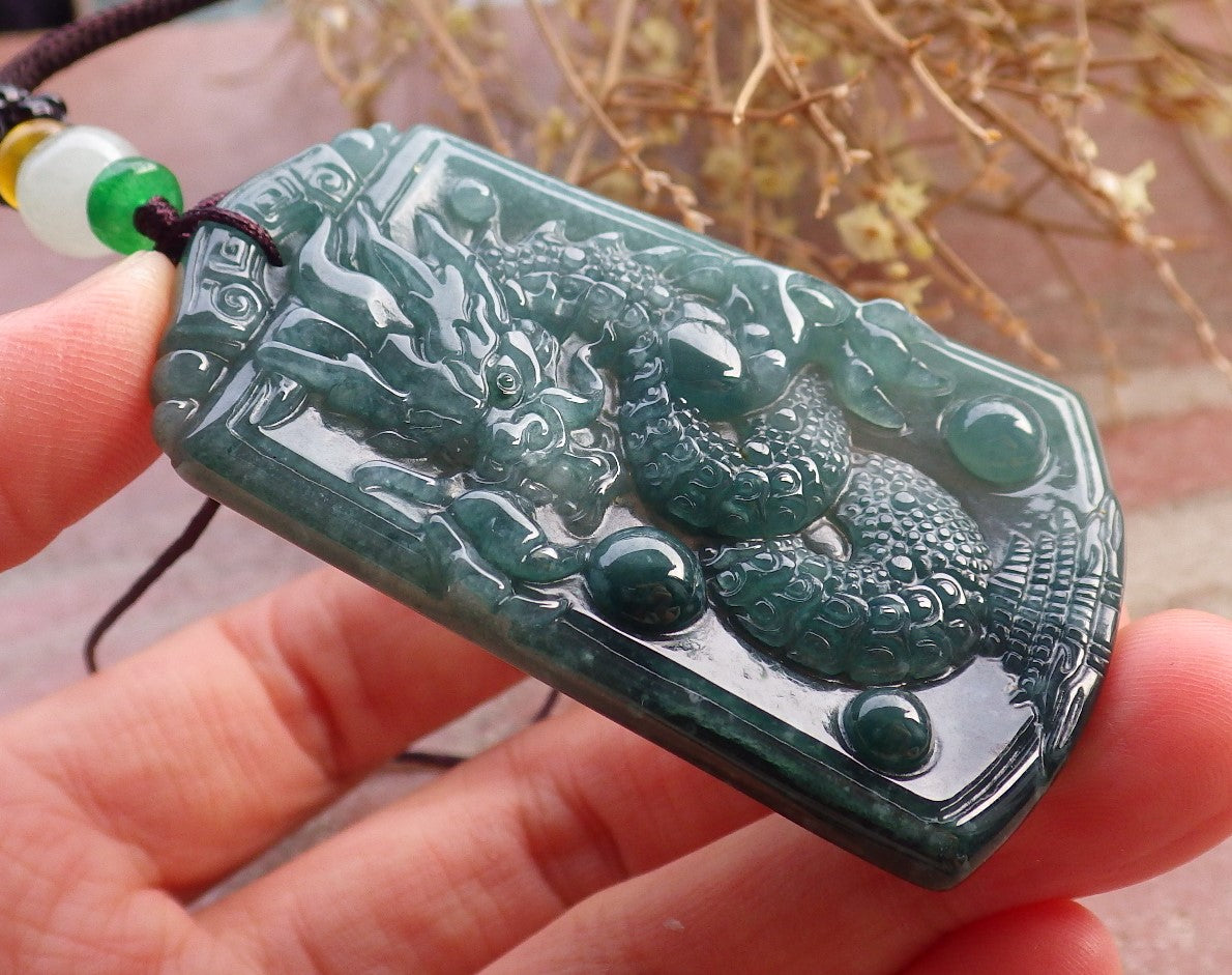 Certified Icy Green Burma 100% Natural A Jade jadeite Pendant Dragon Bead Necklace 生意兴隆 648021 TN