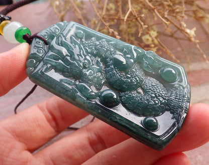 Certified Icy Green Burma 100% Natural A Jade jadeite Pendant Dragon Bead Necklace 生意兴隆 648021 TN