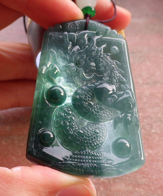 Certified Icy Green Burma 100% Natural A Jade jadeite Pendant Dragon Bead Necklace 生意兴隆 648021 TN