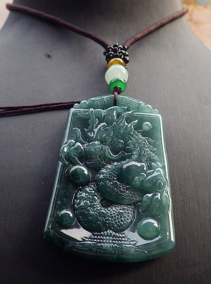 Certified Icy Green Burma 100% Natural A Jade jadeite Pendant Dragon Bead Necklace 生意兴隆 648021 TN