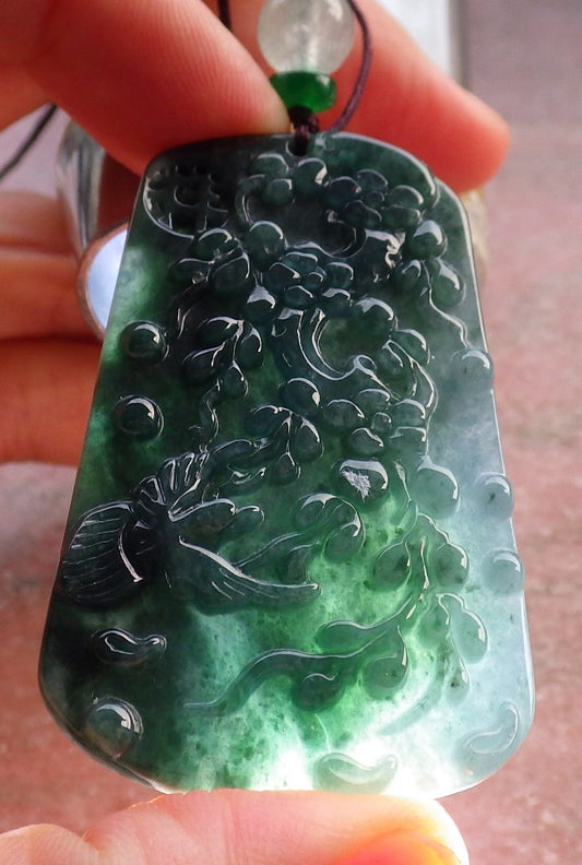 Certified Green Pale Lavender Burma 100% Natural A Jade jadeite Pendant Phoenix Bird Flower Necklace 鸟语花香 648035 TN