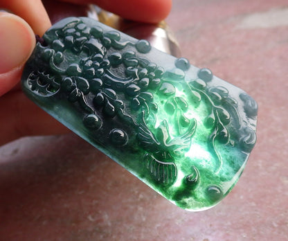 Certified Green Pale Lavender Burma 100% Natural A Jade jadeite Pendant Phoenix Bird Flower Necklace 鸟语花香 648035 TN