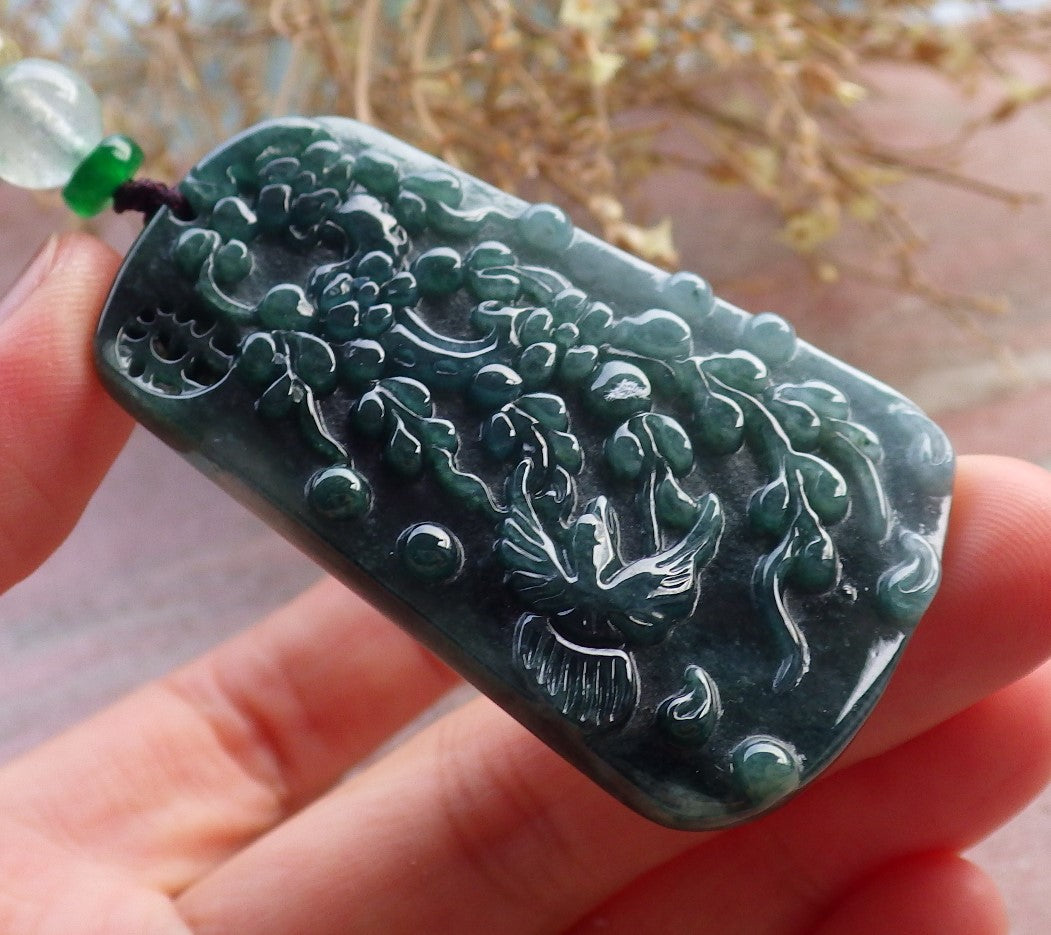 Certified Green Pale Lavender Burma 100% Natural A Jade jadeite Pendant Phoenix Bird Flower Necklace 鸟语花香 648035 TN