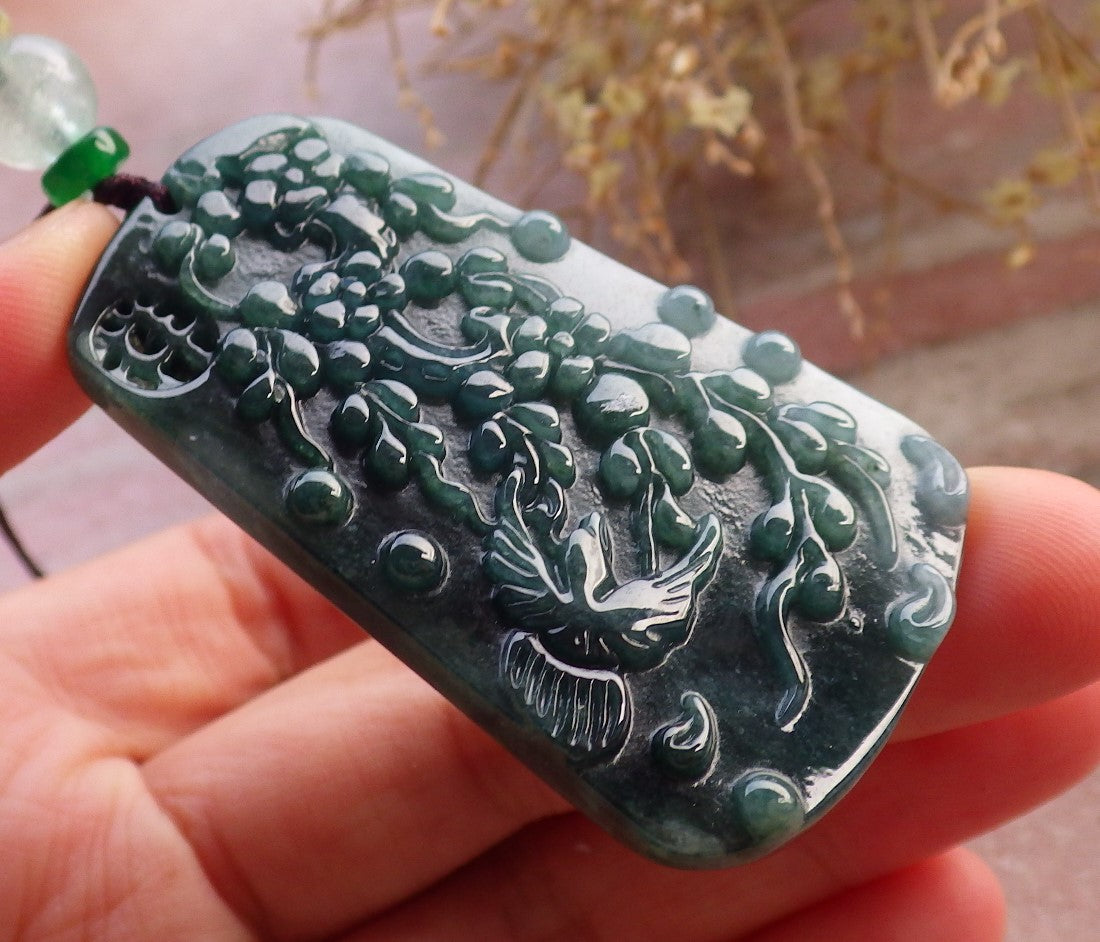 Certified Green Pale Lavender Burma 100% Natural A Jade jadeite Pendant Phoenix Bird Flower Necklace 鸟语花香 648035 TN