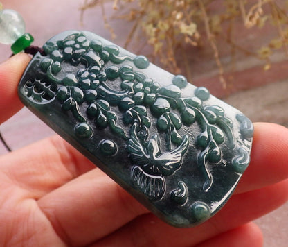 Certified Green Pale Lavender Burma 100% Natural A Jade jadeite Pendant Phoenix Bird Flower Necklace 鸟语花香 648035 TN