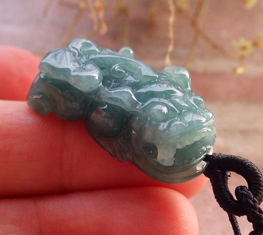 Certified Icy Green Burma 100% Natural A Jade jadeitePendant Dragon Pi Xiu Coin Ruyi Necklace 风水貔貅 648045 TN