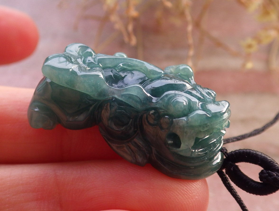 Certified Icy Green Burma 100% Natural A Jade jadeitePendant Dragon Pi Xiu Coin Ruyi Necklace 风水貔貅 648051 TN