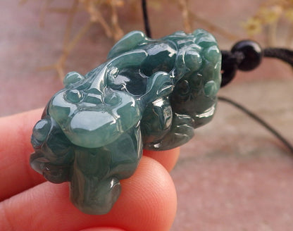 Certified Icy Green Burma 100% Natural A Jade jadeitePendant Dragon Pi Xiu Coin Ruyi Necklace 风水貔貅 648051 TN