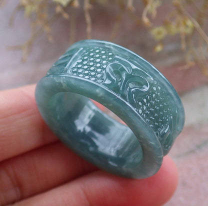 Certified Icy Green Burma 100% Natural A JADE Jadeite Mantra RING USA 12.75 六字真言戒指 648059 TN
