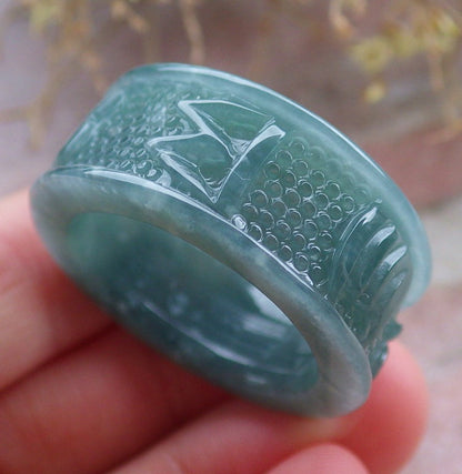 Certified Icy Green Burma 100% Natural A JADE Jadeite Mantra RING USA 12.75 六字真言戒指 648059 TN