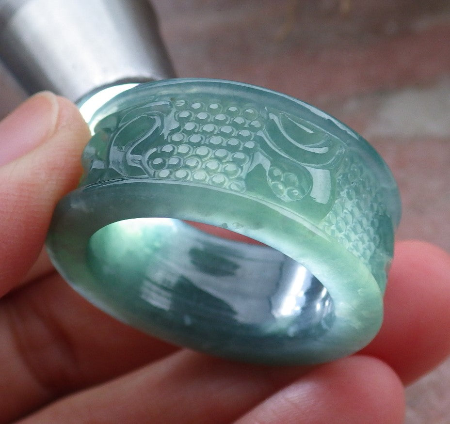 Certified Icy Green Burma 100% Natural A JADE Jadeite Mantra RING USA 12.75 六字真言戒指 648059 TN