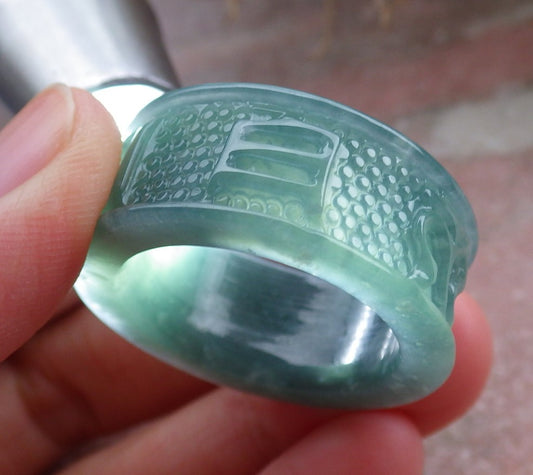 Certified Icy Green Burma 100% Natural A JADE Jadeite Mantra RING USA 12.75 六字真言戒指 648059 TN