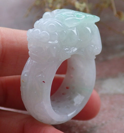 Certified Green Pale Lavender Burma 100% Natural A JADE Jadeite Dragon Pi Xiu Ruyi RING USA. 10.25 戒指 648068 TN