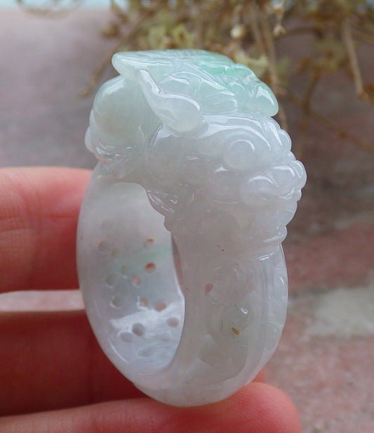 Certified Green Pale Lavender Burma 100% Natural A JADE Jadeite Dragon Pi Xiu Ruyi RING USA. 10.25 戒指 648068 TN