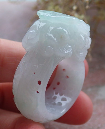 Certified Green Pale Lavender Burma 100% Natural A JADE Jadeite Dragon Pi Xiu Ruyi RING USA. 10.25 戒指 648068 TN