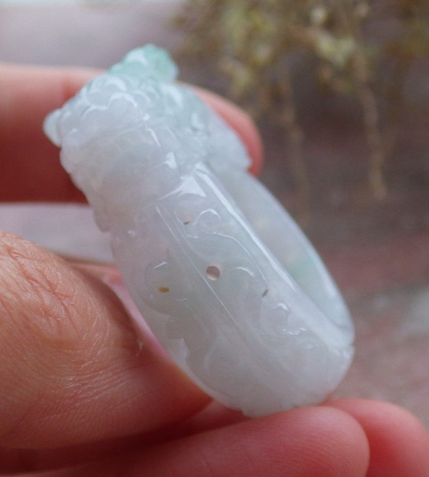 Certified Green Pale Lavender Burma 100% Natural A JADE Jadeite Dragon Pi Xiu Ruyi RING USA. 10.25 戒指 648068 TN