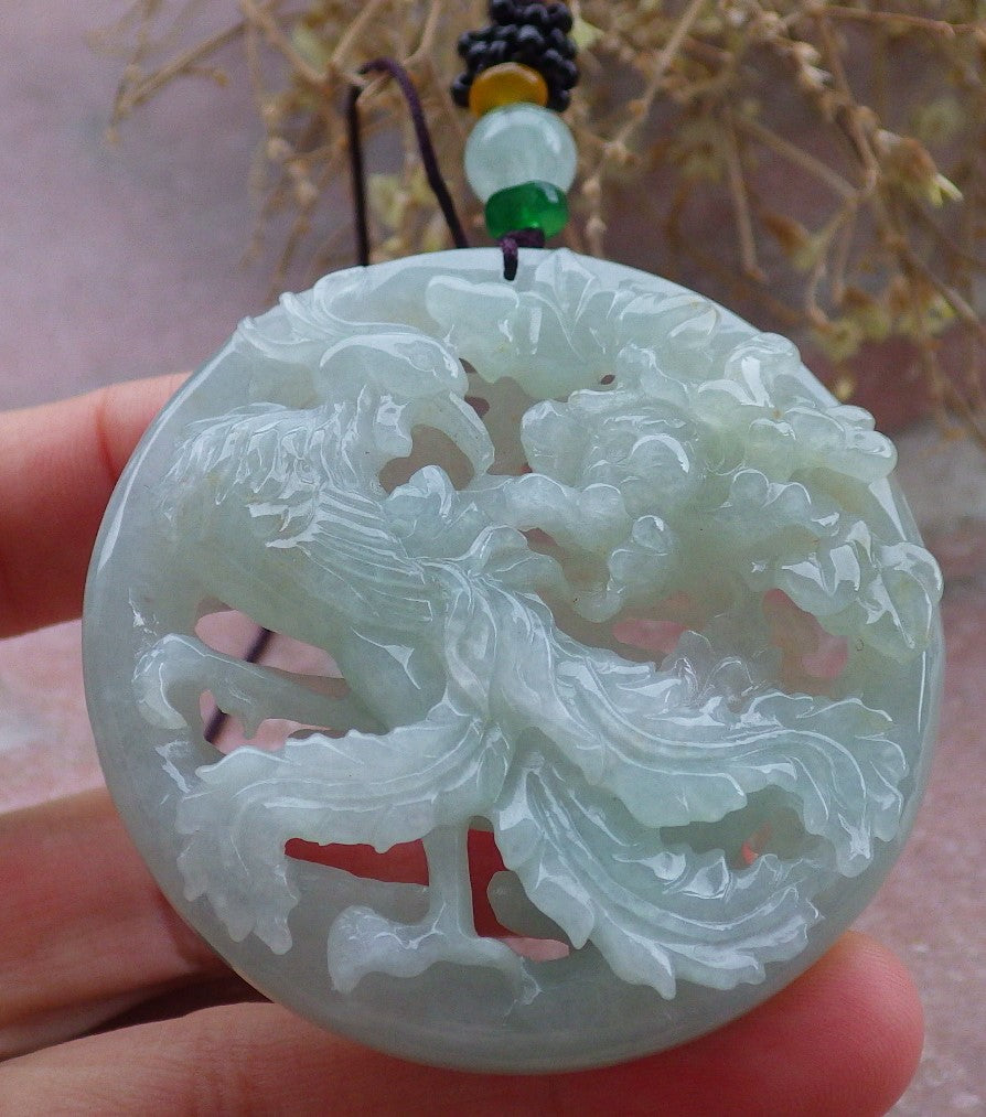 Certified Green Burma 100% Natural A Jade jadeite Pendant Phoenix Flower Necklace 凤凰 648079 TN