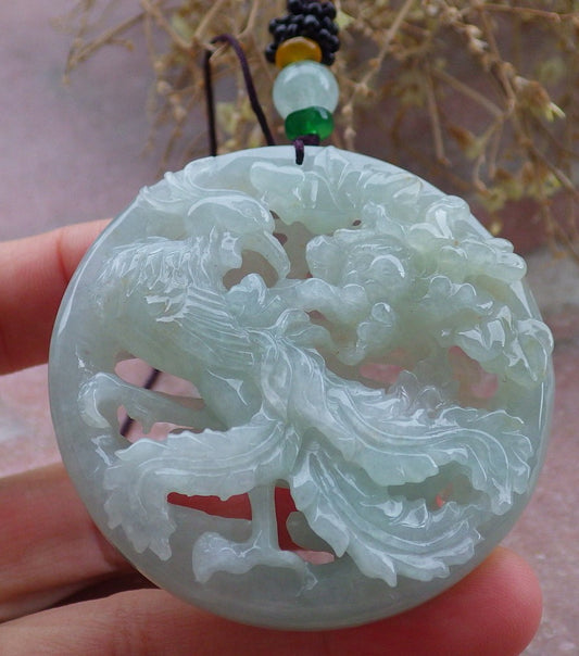 Certified Green Burma 100% Natural A Jade jadeite Pendant Phoenix Flower Necklace 凤凰 648079 TN